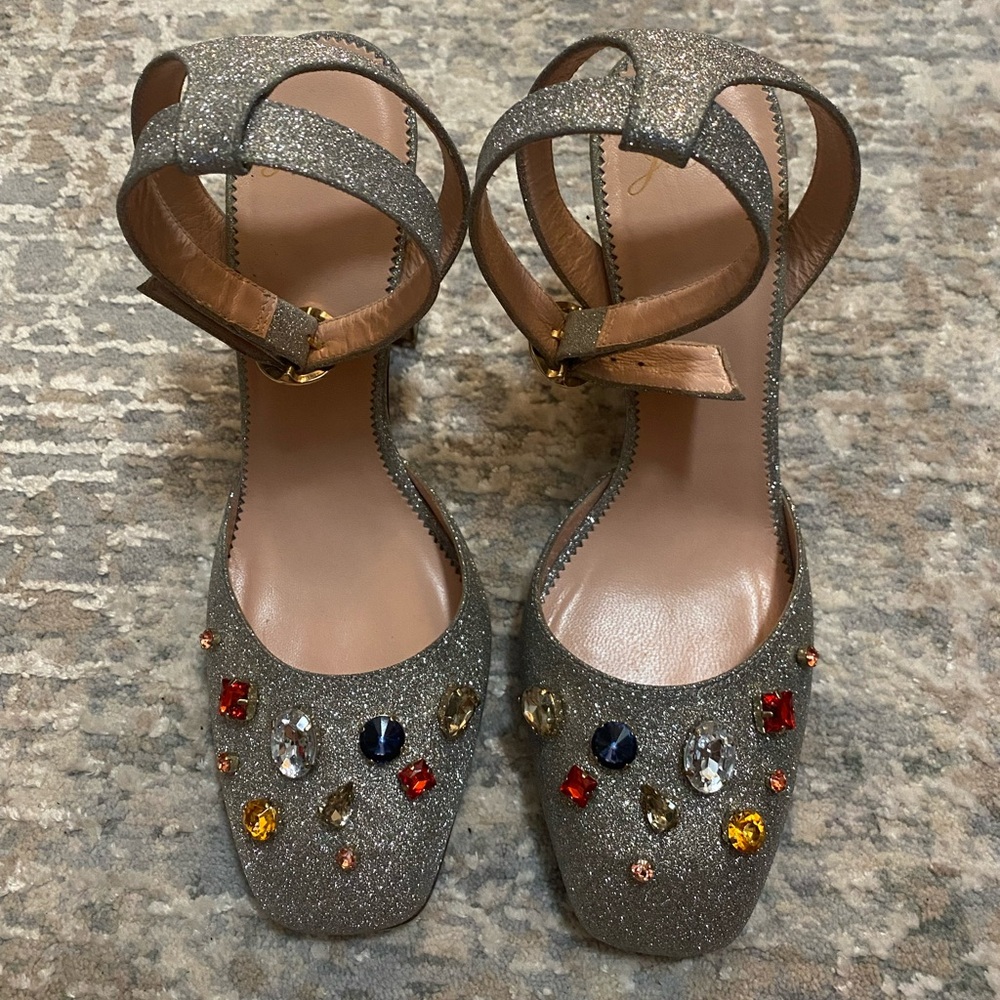 J. Crew Glitter Ankle Sling Heel | Silver | Size 9